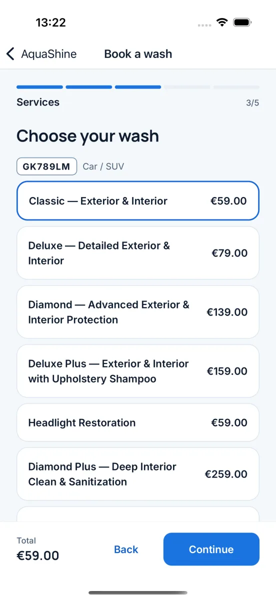 App de cliente: elección de servicios y franja horaria para un lavado a domicilio
