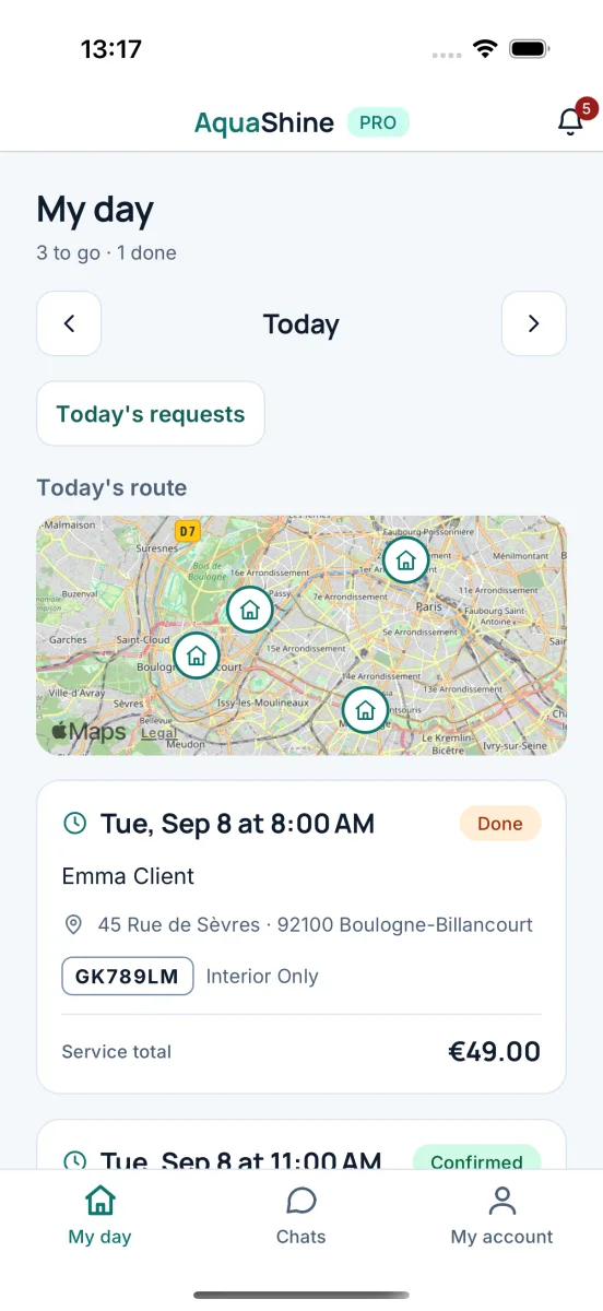App del equipo con la ruta y los trabajos de hoy